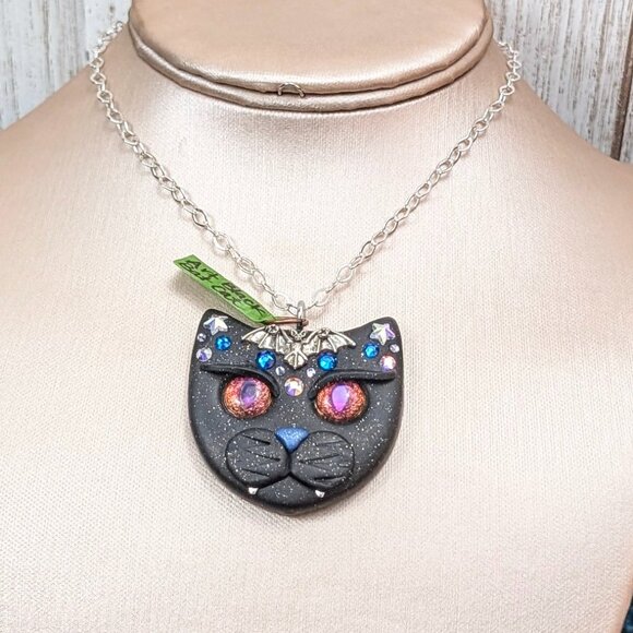 Artisan Polymer Clay- Large Detailed Sugar Skull Cat/Day of the Dead Pendant - Picture 2 of 4
